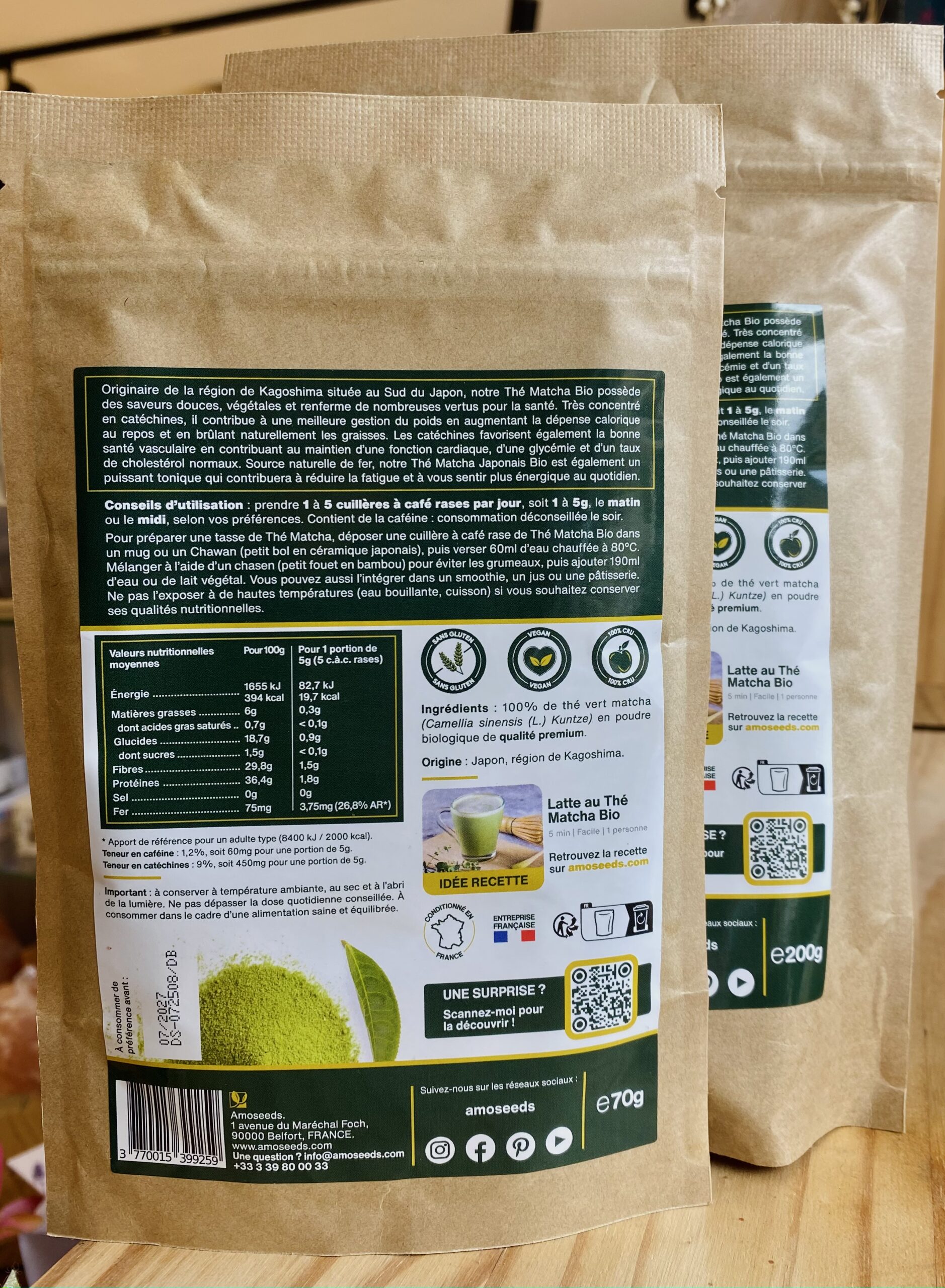 Dos Sachets Matcha Premium thé japonais en poudre
